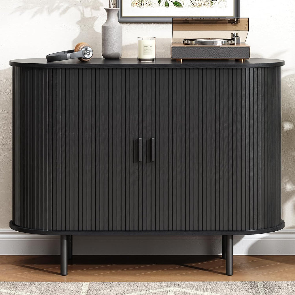 Buffet Cabinet with Storage, Fluted Sideboard Buffet with Sliding Door, Coffee Bar Cabinet with Adjustable Shelf, Console Table, Accent Table for Entryway, Kitchen (Black, 40 Inch)