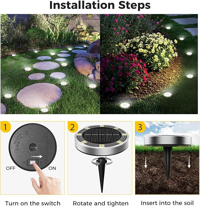 20 Pack Solar Ground Lights Outdoor, 8 LED Mini Flat Solar Disk Lights, IP65 Waterproof Anti-Rust Disc Light, Landscape Lighting for Garden Pathway Yard Walkway Driveway Lawn,Cool White