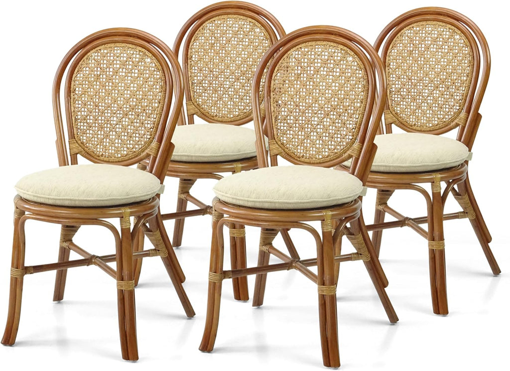 Rattan Wicker Dining Round Table Glass Top and 4 Denver Side Chairs with Cream Cushions, Dining Table Set for 4, Tropical Style Dining Table Set for Four, Colonial Color