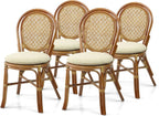 Rattan Wicker Dining Round Table Glass Top and 4 Denver Side Chairs with Cream Cushions, Dining Table Set for 4, Tropical Style Dining Table Set for Four, Colonial Color