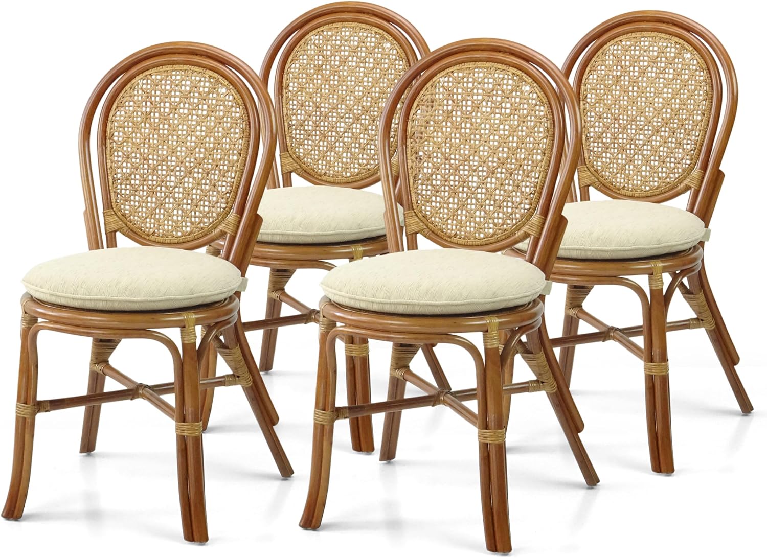 Rattan Wicker Dining Round Table Glass Top and 4 Denver Side Chairs with Cream Cushions, Dining Table Set for 4, Tropical Style Dining Table Set for Four, Colonial Color