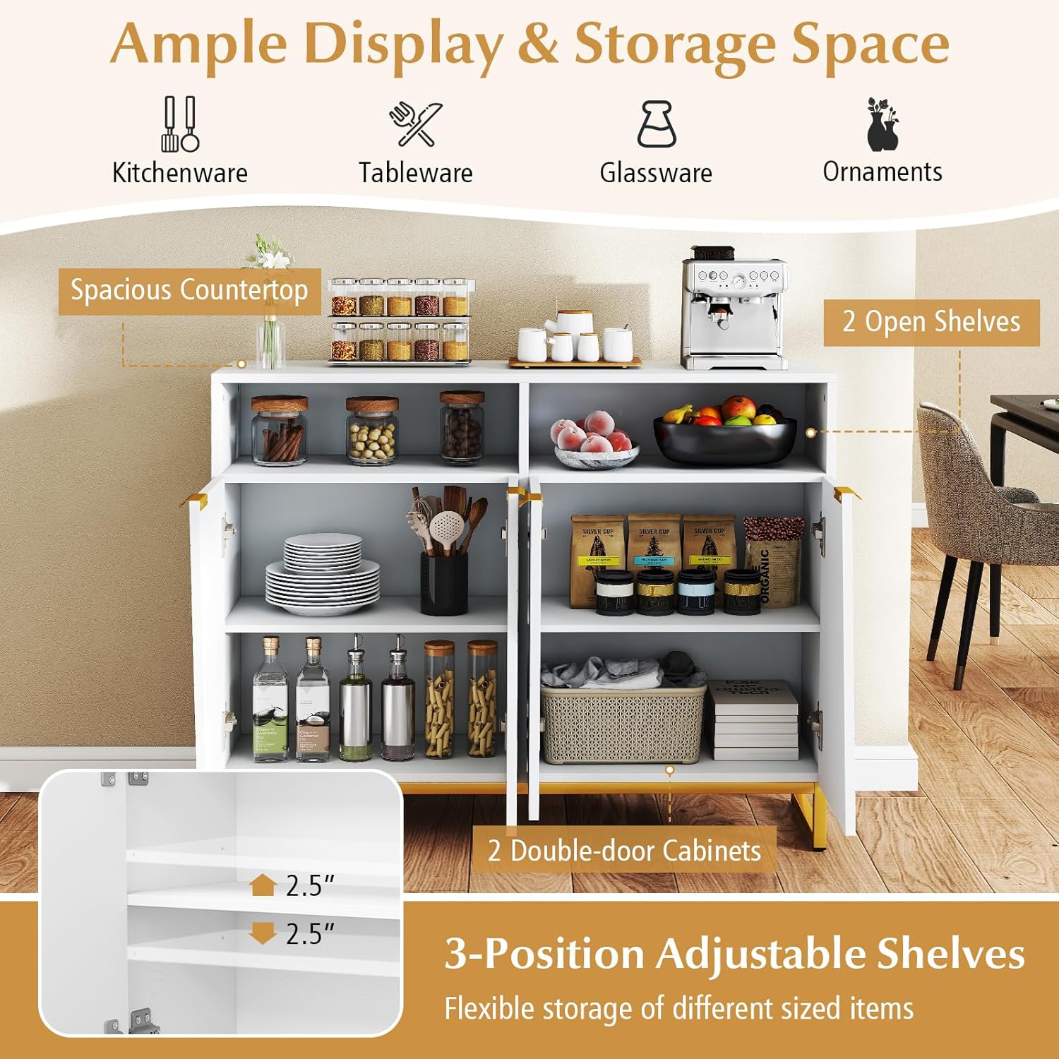 Giantex Buffet Cabinet with Storage, 40" Large Kitchen Sideboard with 4 Doors, 2 Compartments, Adjustable Shelves, Modern Accent Furniture for Living Room Entryway (White)
