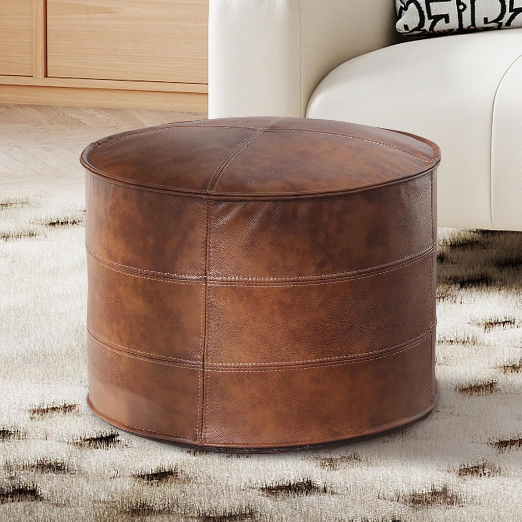 Couchus Genuine Leather Ottoman, Square Pouf Footstool (Round, Brown) | Modern Upholstered Ottoman, Floor Pouf for Living Room, Bedroom