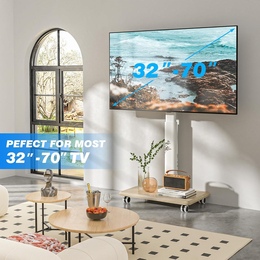 Rfiver Rolling TV Stand for 32 to 70 Inch TVs, Modern Corner TV Stand with Upgraded Wheels, 9 Levels of Height & ±30° Swivel Adjustable Mobile TV Mount Stand for Bedroom, Corner, Small Dorm, White