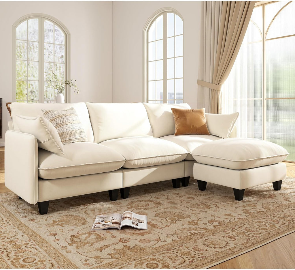 Ihanherry 105" Modular Sectional Sofa, L-Shaped Cloud Couch with Oversized Large Cushions & Movable Ottoman, Chenille Deep Seat Couch for Living Room, Beige