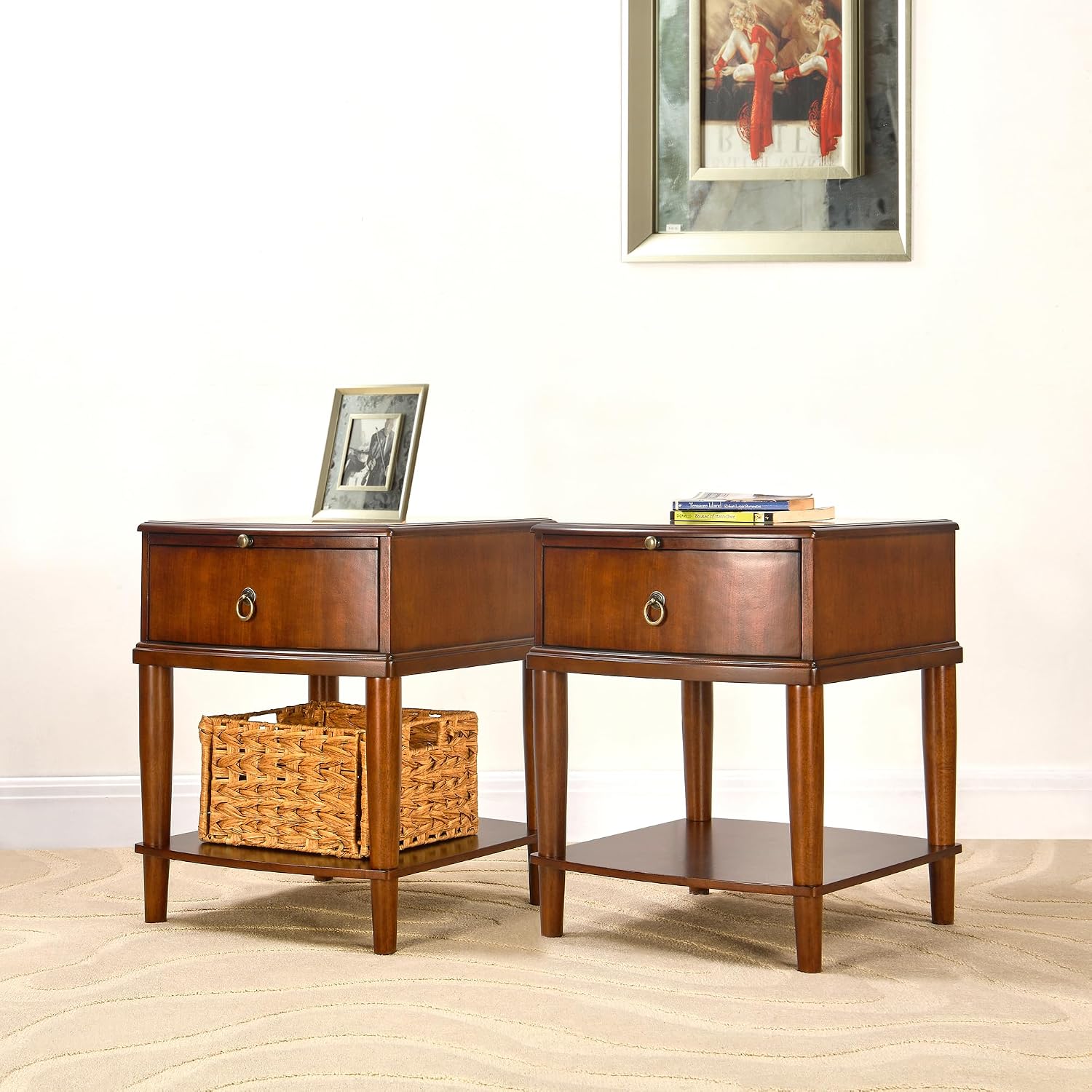 LEEMTORIG Set of 2 Large Cherry Wood Side Table with Pullable Desktop, 2-Tier End Table with Storage Drawer, Rustic Wooden Nightstand for Living Room Bedroom, 18.1"W x 20.1"D x 22.8"H, CJZ-A1569-MG