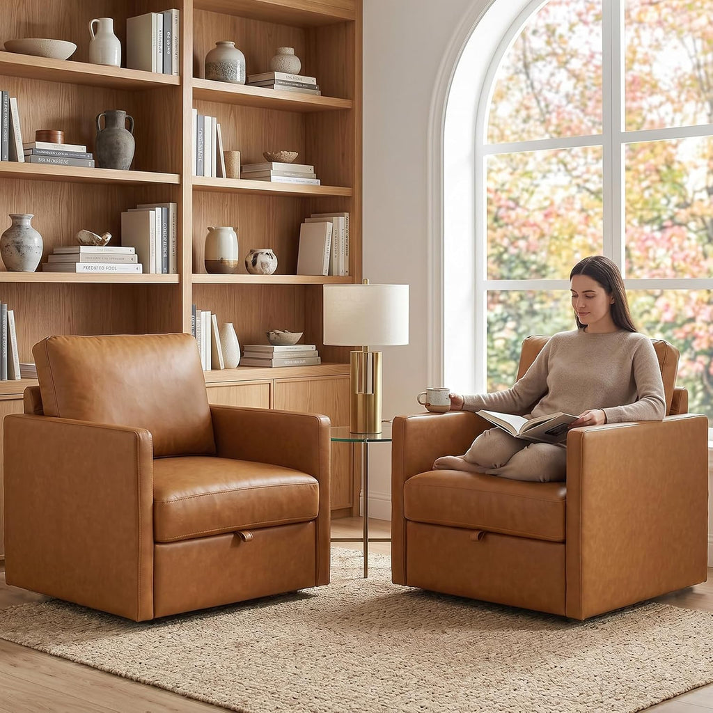 Swivel Accent Chair with Hidden Storage, Mid Century Modern Square Armchair, Comfy Upholstered Reading Single Sofa Chair for Living Room, Faux Leather, Brown, 1 Pack