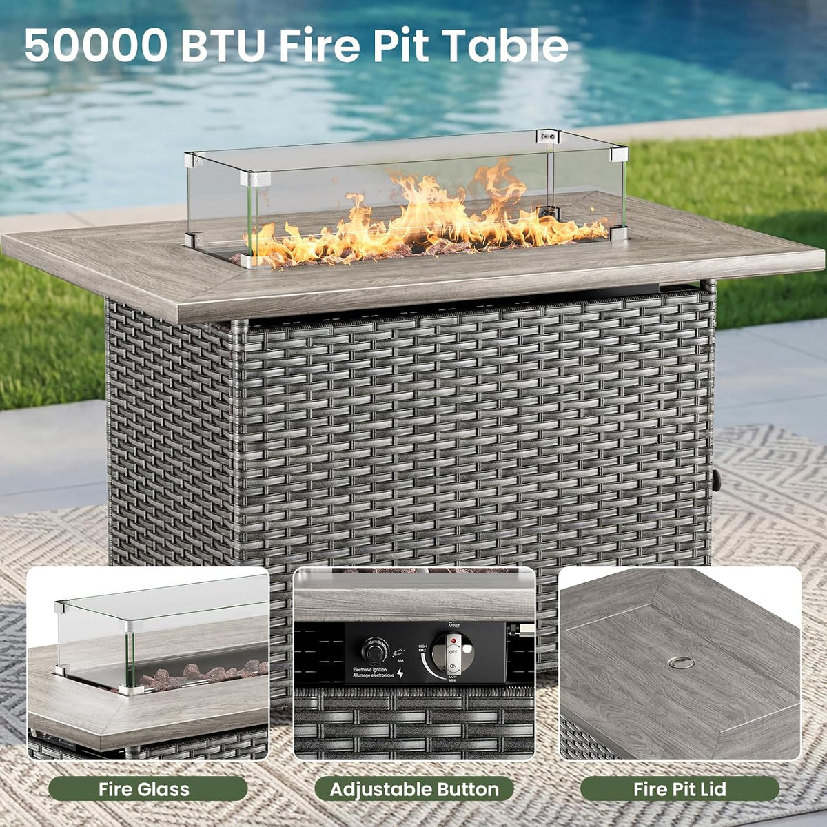 Luxury Patio Furniture Set with 6-inch Thick Cushion, Outdoor Furniture with Fire Pit Table, Swivel Chairs, Sofa, Side Table, Ottomans, 7pcs Wicker Conversation Set (Grey Wicker/Grey Cushion)