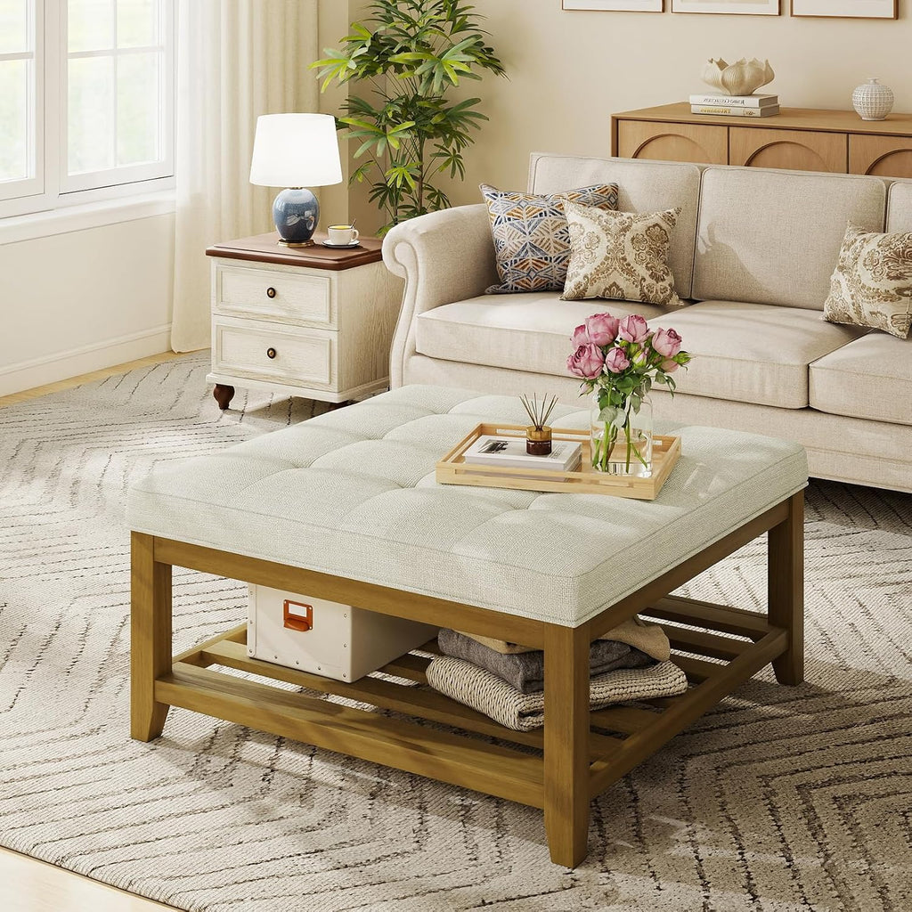 Befurtori Large Square Ottoman Coffee Table, Linen Solid Upholstered Footrest Ottoman with Solid Wood Shelf Storage Tufted Coffee Table for Bedroom Living Room, Ivory