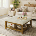 Befurtori Large Square Ottoman Coffee Table, Linen Solid Upholstered Footrest Ottoman with Solid Wood Shelf Storage Tufted Coffee Table for Bedroom Living Room, Ivory