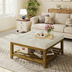Befurtori Large Square Ottoman Coffee Table, Linen Solid Upholstered Footrest Ottoman with Solid Wood Shelf Storage Tufted Coffee Table for Bedroom Living Room, Ivory