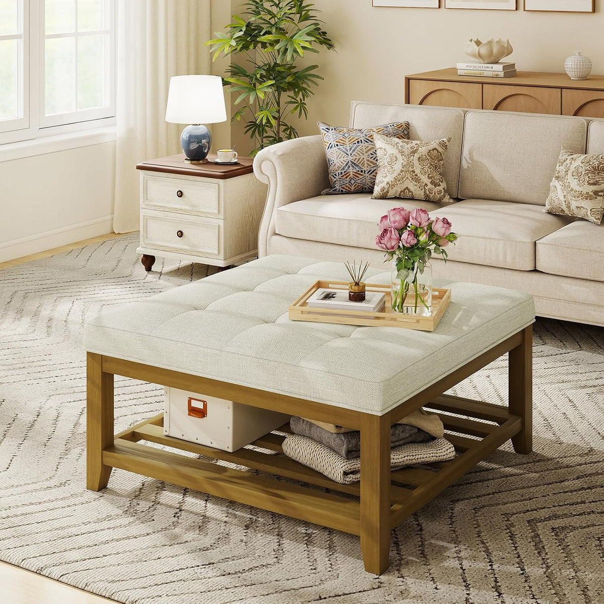 Befurtori Large Square Ottoman Coffee Table, Linen Solid Upholstered Footrest Ottoman with Solid Wood Shelf Storage Tufted Coffee Table for Bedroom Living Room, Ivory