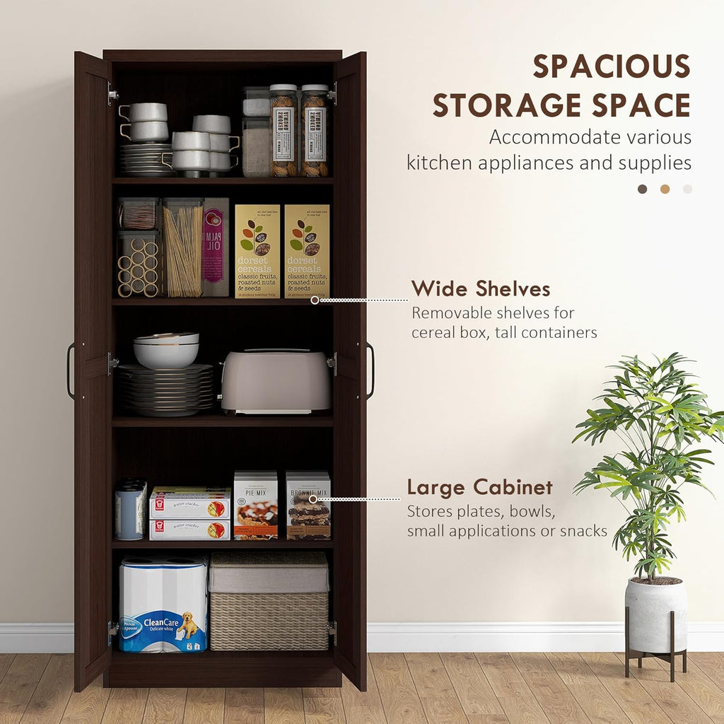 HOMCOM 63" 2-Door Kitchen Pantry 5-Tier Cinnamon Cherry Wood Grain | Freestanding Storage Cabinet, Shelving, 2 Adjustable Shelves, for Dining Room