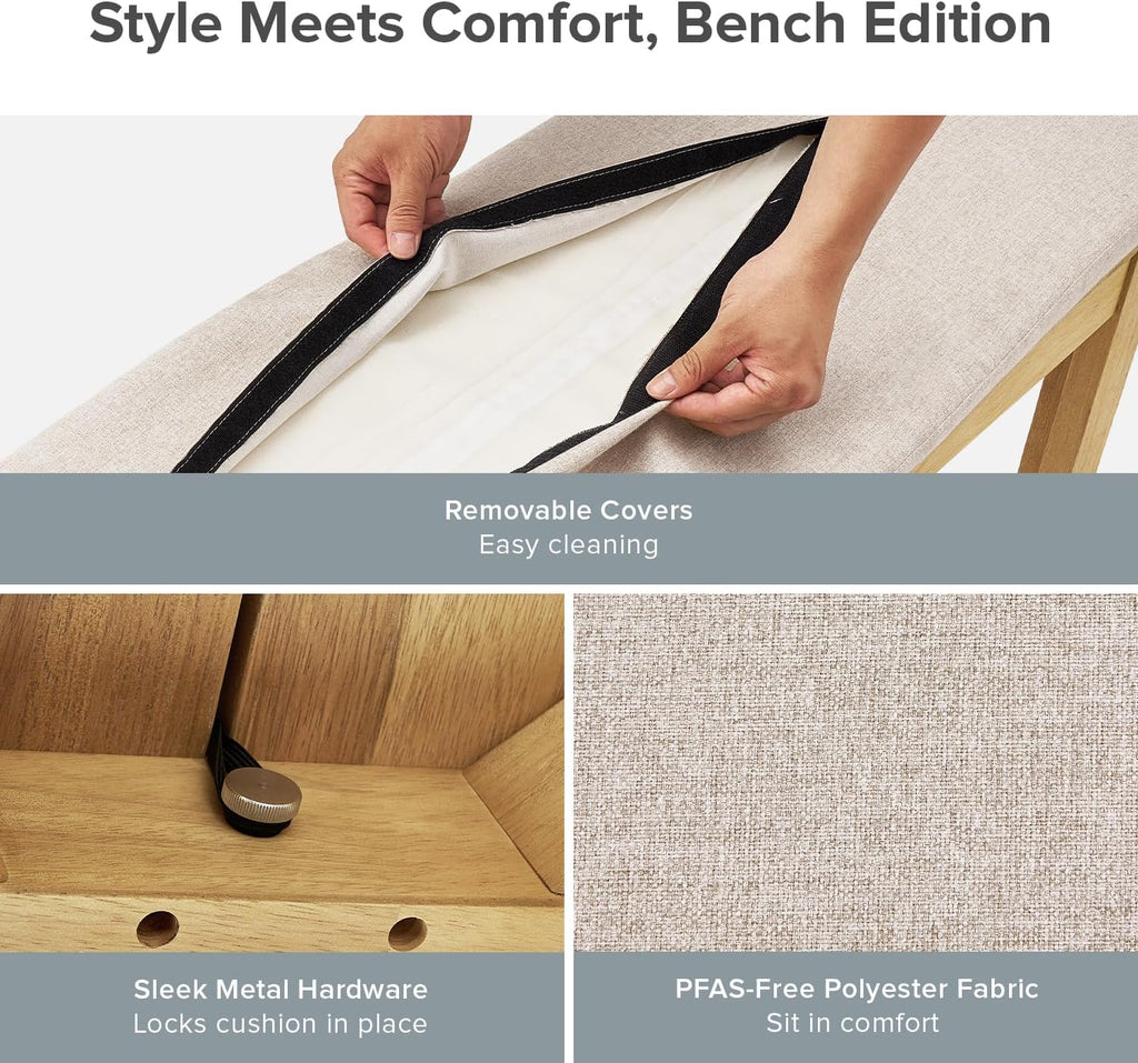 mopio Logan Upholstered Beige Dining Bench, Modern Farmhouse Solid Wood with Light Wire Brush for Dining Room and Kitchen (50" Dining Bench)