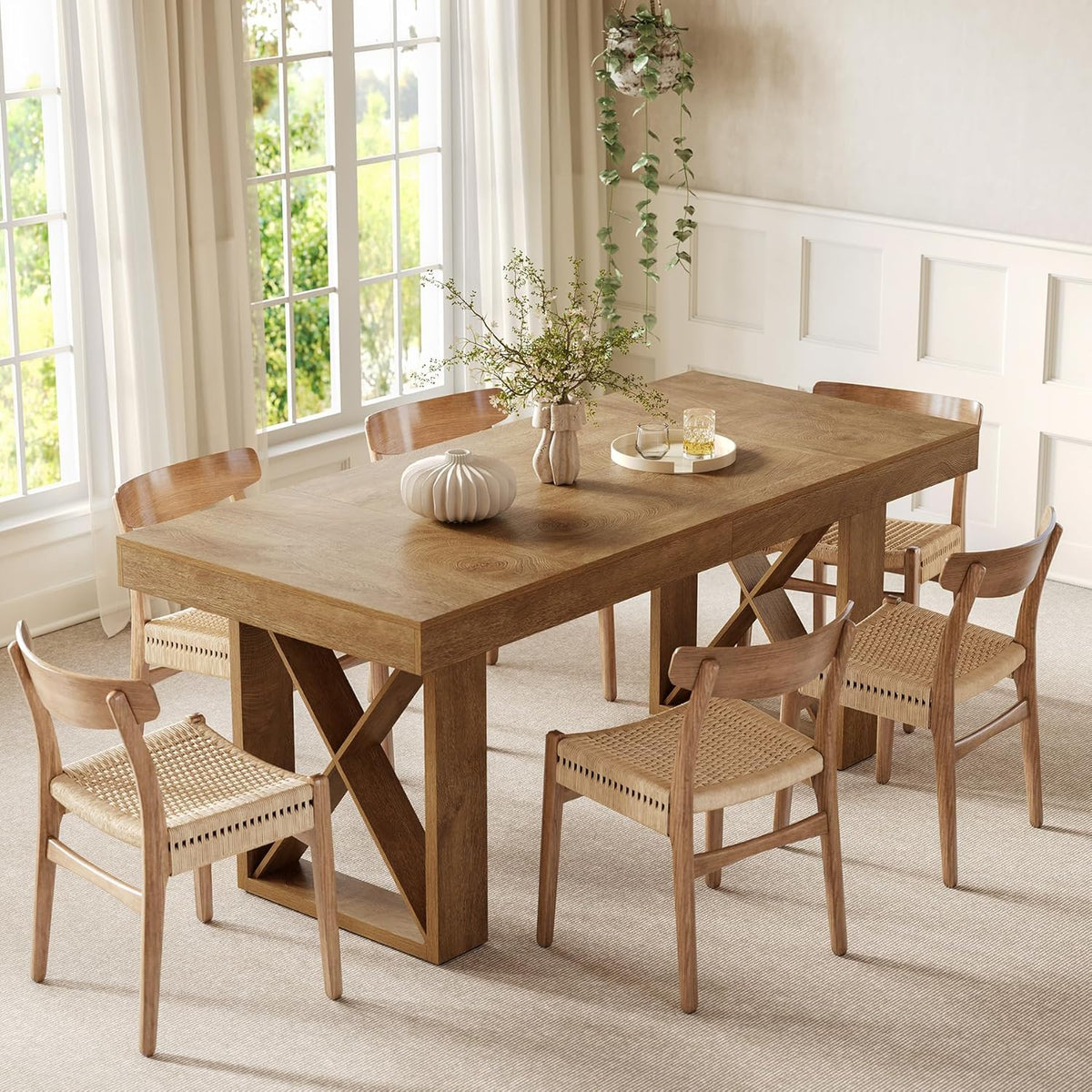 LITTLE TREE 63-Inch Dining Table for 4 People, Farmhouse Thick Appearance Design, Rustic Rectangle Kitchen Dinner Table for Dining Room, Living Room, Yellowish Brown