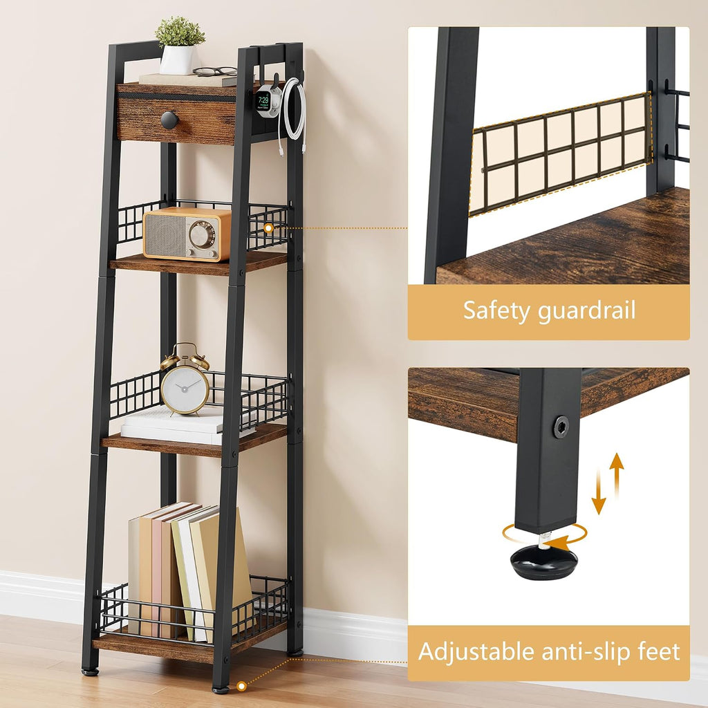 Gewudraw 4-Tier Narrow Ladder Shelf with Drawer, Bathroom Table Stand for Small Space, Narrow Bathroom Standing Shelves with Storage for Living Room Bedroom Kitchen, Organizer Shelf, Rustic Brown