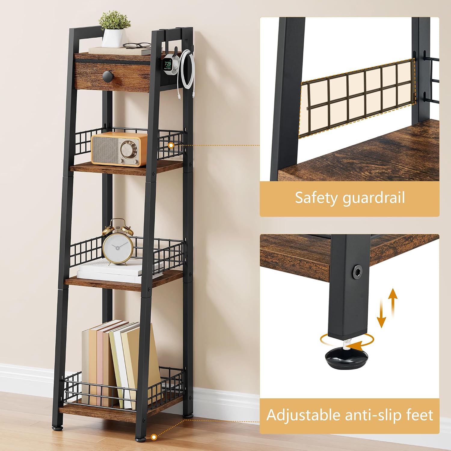 Gewudraw 4-Tier Narrow Ladder Shelf with Drawer, Bathroom Table Stand for Small Space, Narrow Bathroom Standing Shelves with Storage for Living Room Bedroom Kitchen, Organizer Shelf, Rustic Brown