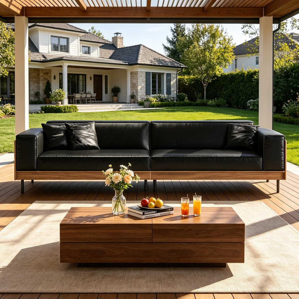 106.3" 4 Seater Patio Sofa, Minimalist Deep Seat Waxed Leather Couch with Weather Resistant Fabric, Outdoor Furniture for Pool Balcony Lounge Sunroom and Backyard, Black