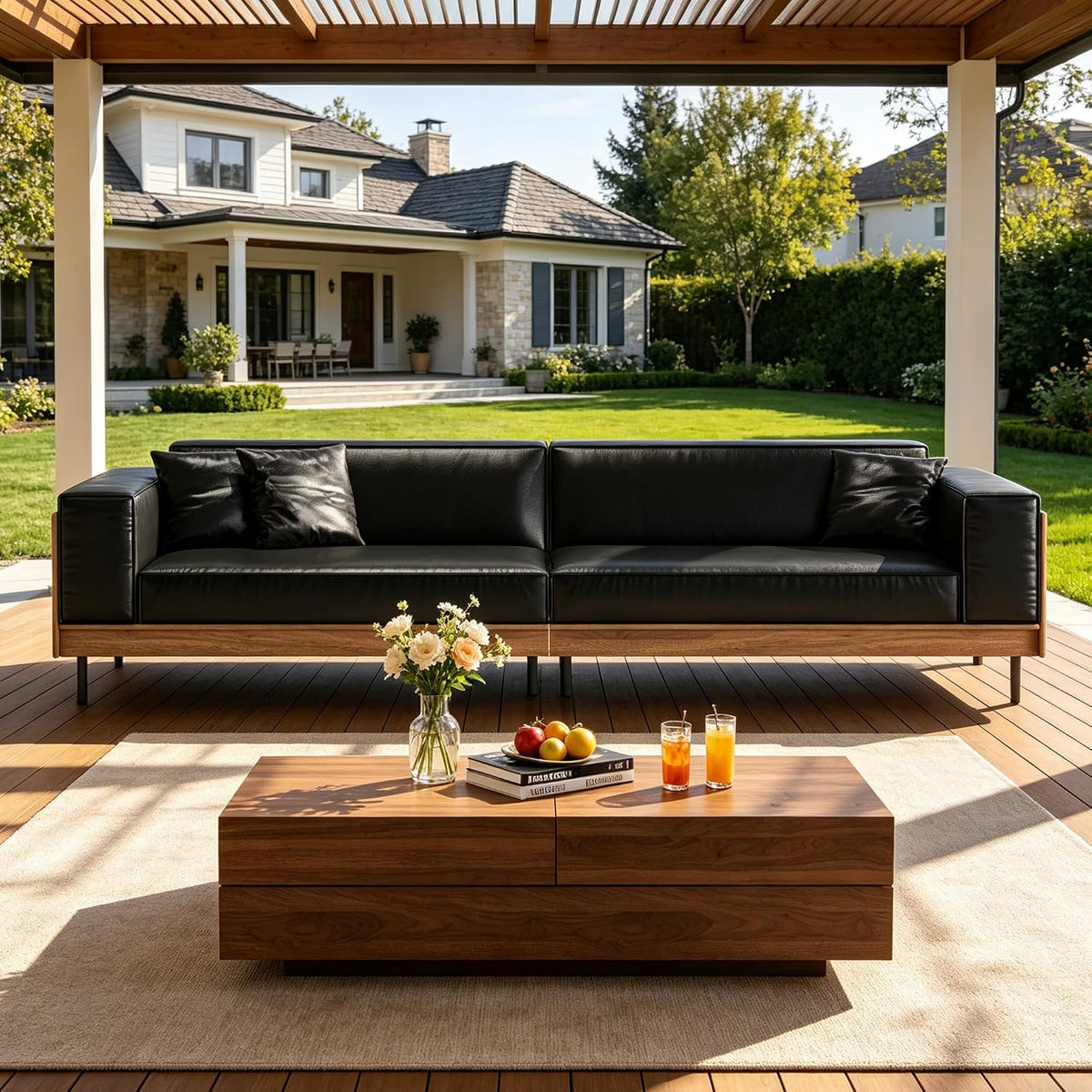 106.3" 4 Seater Patio Sofa, Minimalist Deep Seat Waxed Leather Couch with Weather Resistant Fabric, Outdoor Furniture for Pool Balcony Lounge Sunroom and Backyard, Black