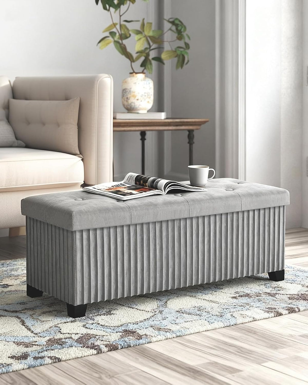 LITZFUR 43 Inches Storage Ottoman Bench, Velvet Foot Rest Stool, Grey | Folding Ottoman with Legs, End of Bed Bench, Storage Chest for Living Room, Bedroom
