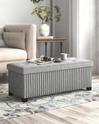 LITZFUR 43 Inches Storage Ottoman Bench, Velvet Foot Rest Stool, Grey | Folding Ottoman with Legs, End of Bed Bench, Storage Chest for Living Room, Bedroom