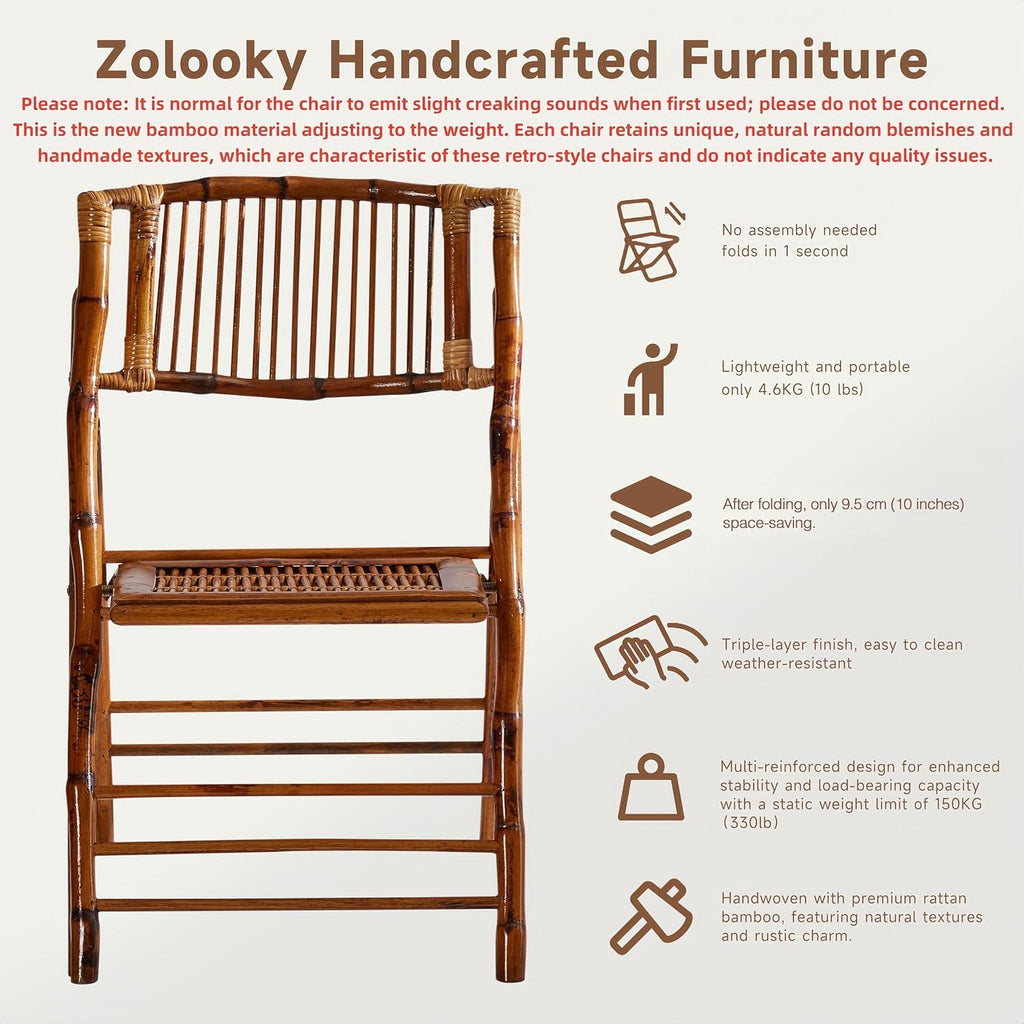 2 Pack Certified Bamboo Folding Chair, Completely Upgraded Foldable Vintage Dining Chair with 330lb Handcrafted for Living Room Patio Garden Balcony Indoor/Outdoor (, Antique Brown)
