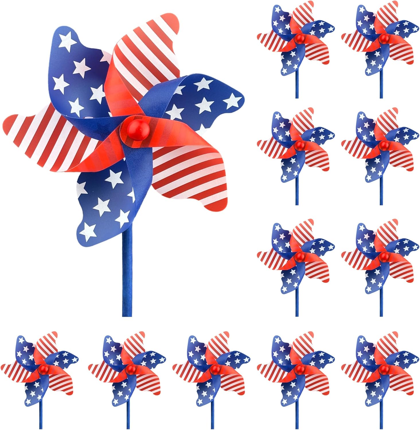 IiILittle 12 Pack Patriotic Pinwheels, No Assembly Required, American Flag Pinwheels, Wind Spinners for Yard for 4th of July Decor, Memorial Day Decor, Patriotic Outdoor Decor
