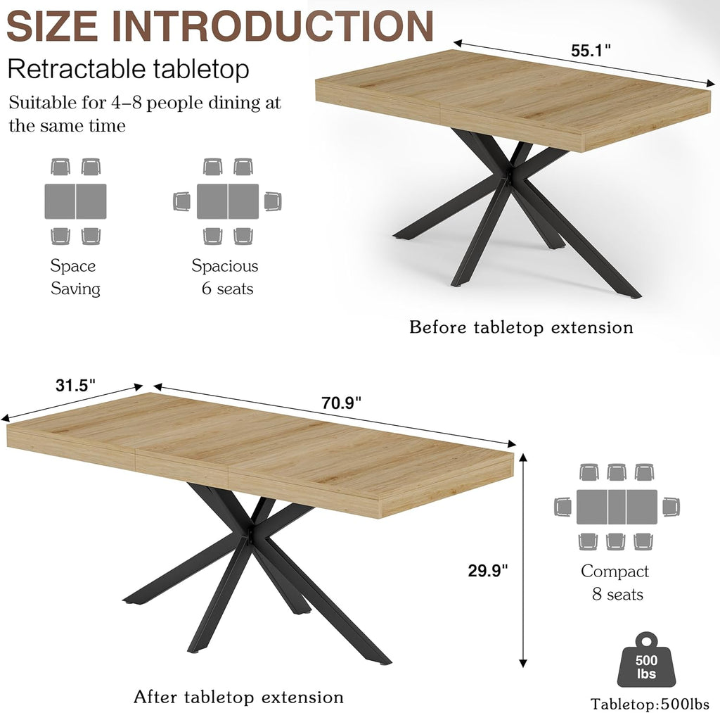 Extendable Dining Room Table for 4 6 8, 55"-70.9" Large Rectangle Kitchen Table,Wood Expandable Dining Table with Hidden Leaf & Storage, Space Saving, For Kitchen Dining Living Room,Diner Table,Oak