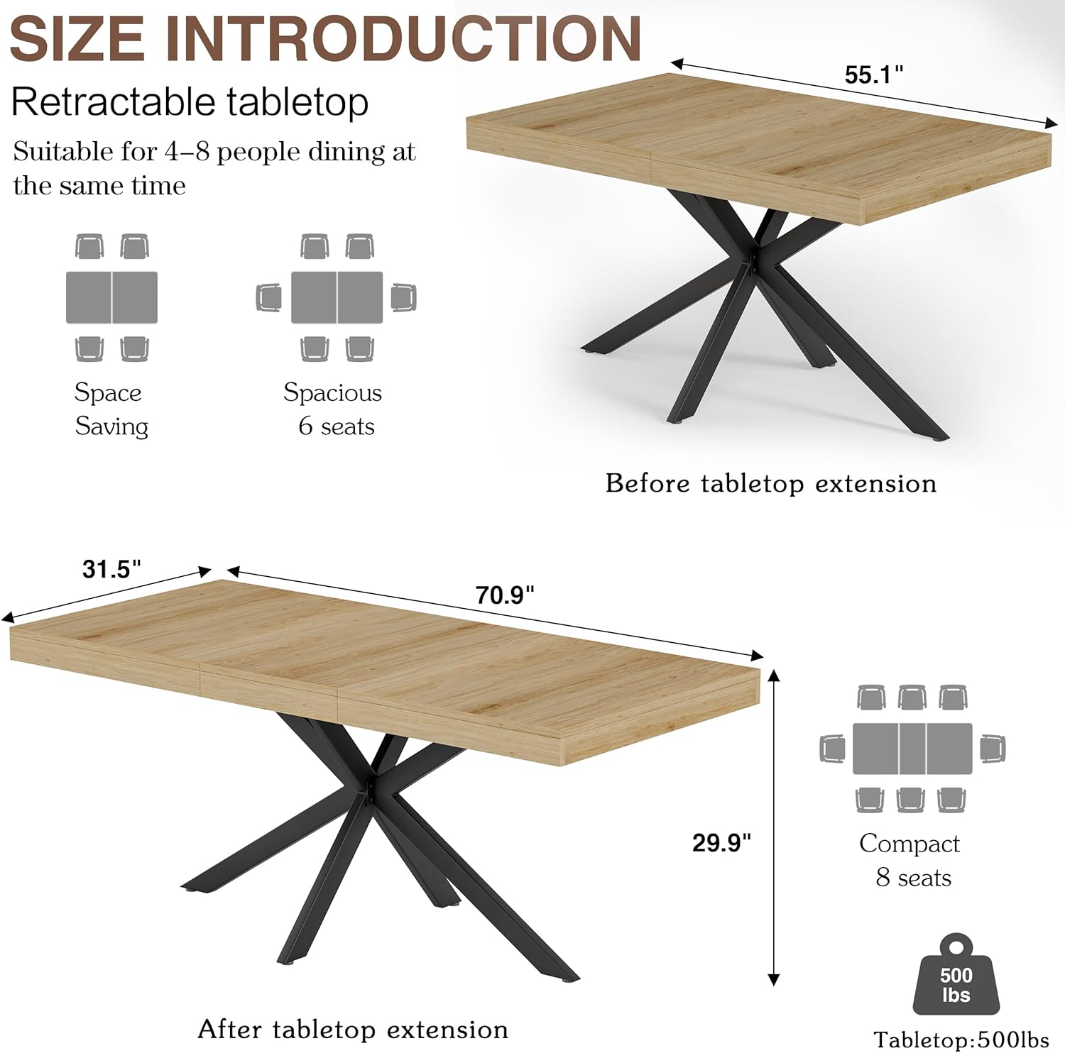 Extendable Dining Room Table for 4 6 8, 55"-70.9" Large Rectangle Kitchen Table,Wood Expandable Dining Table with Hidden Leaf & Storage, Space Saving, For Kitchen Dining Living Room,Diner Table,Oak