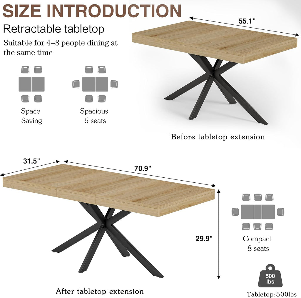 Extendable Dining Room Table for 4 6 8, 55"-71" Long Rectangle Kitchen Table,Wood Expandable Dining Table with Hidden Leaf & Storage, Space Saving, For Kitchen Dining Living Room, Farmhouse, Oak