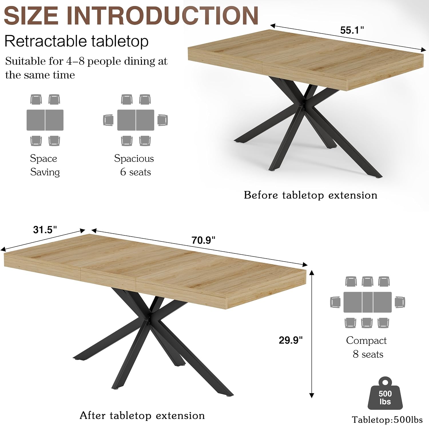 MECHYIN 55''-70.9'' Extendable Dining Room Table for 4-6-8, Rectangle Expandable Dining Table with Removable Leaves Space Saving, Kitchen Table with Hidden Storage for Kitchen Dining Room Office,Oak