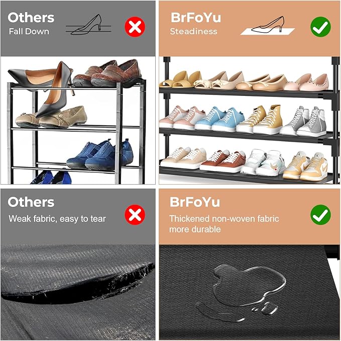 4 Tier Shoe Rack, Shoe Organizer Storage for 16-20 Pair Boot and Sneaker, Stackable Free Standing Shoe Shelf with Hooks and Side Pocket, Space Saving Shoes Rack for Closet, Entryway