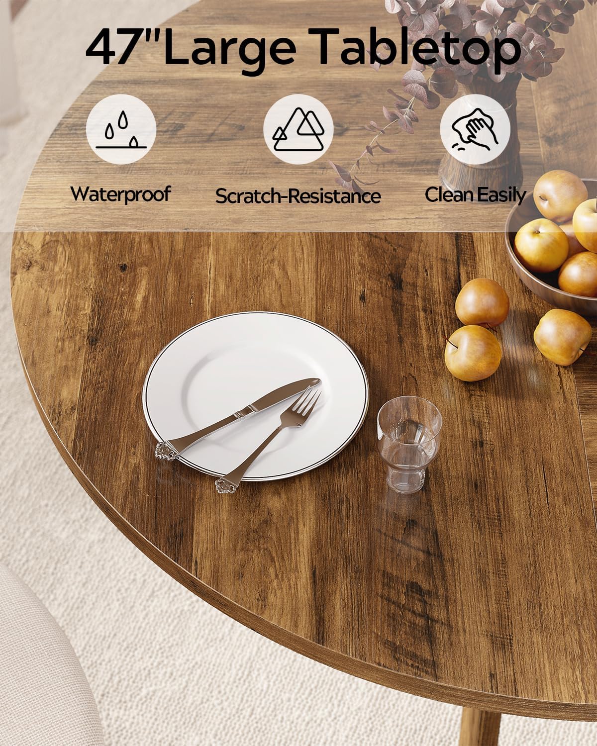 Farmhouse Round Dining Table for 4-6 People, 47" Wood Kitchen Table with Heavy Cross Pedestal Modern Circle Dinner Tables for Kitchen Living Room, Honey Brown