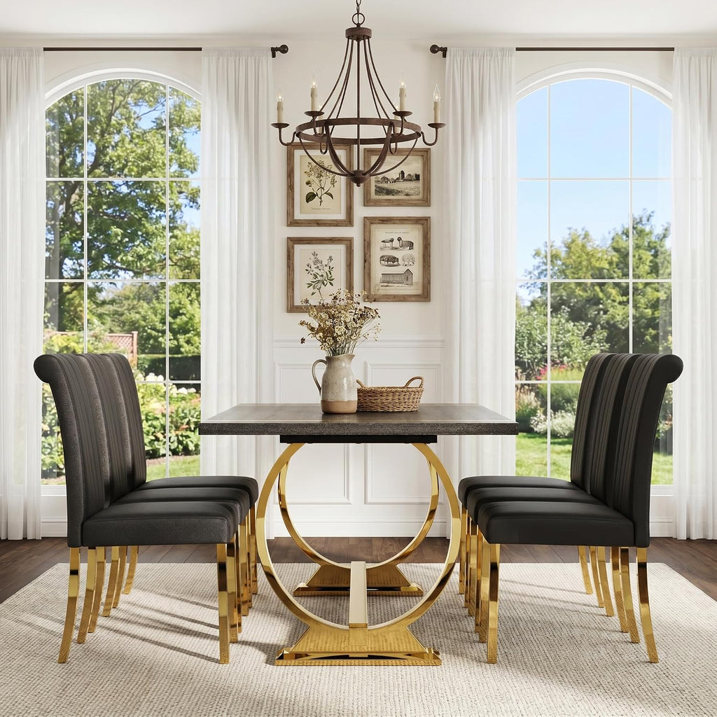 Asday 77" Wooden Dining Table for 6-8, Modern Rectangular Large Kitchen Table with Gold Polished Stainless Steel U-Shaped Base for DiningRoom Kitchen Dinner Home