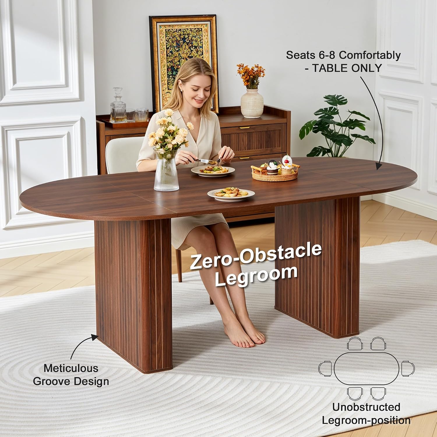 weselon 78.7" Oval Dining Table for 6-8 People, Large Kitchen Dining Table with Fluted Pedestal Base, Modern Minimalist Dining Room Table with 3-Piece Tabletop, Walnut (Chairs Not Included)