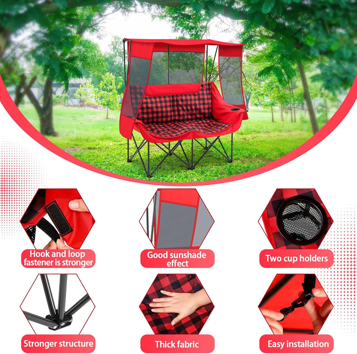 Teenyyou Double Camping Chair with Canopy - 2 Person Beach Chair with UV Sun Protection 660lbs Heavy Duty Foldable Loveseat with 2 Cup Holder & Storage Bag for Lawn Beach Outdoor Sport(Red Plaid)