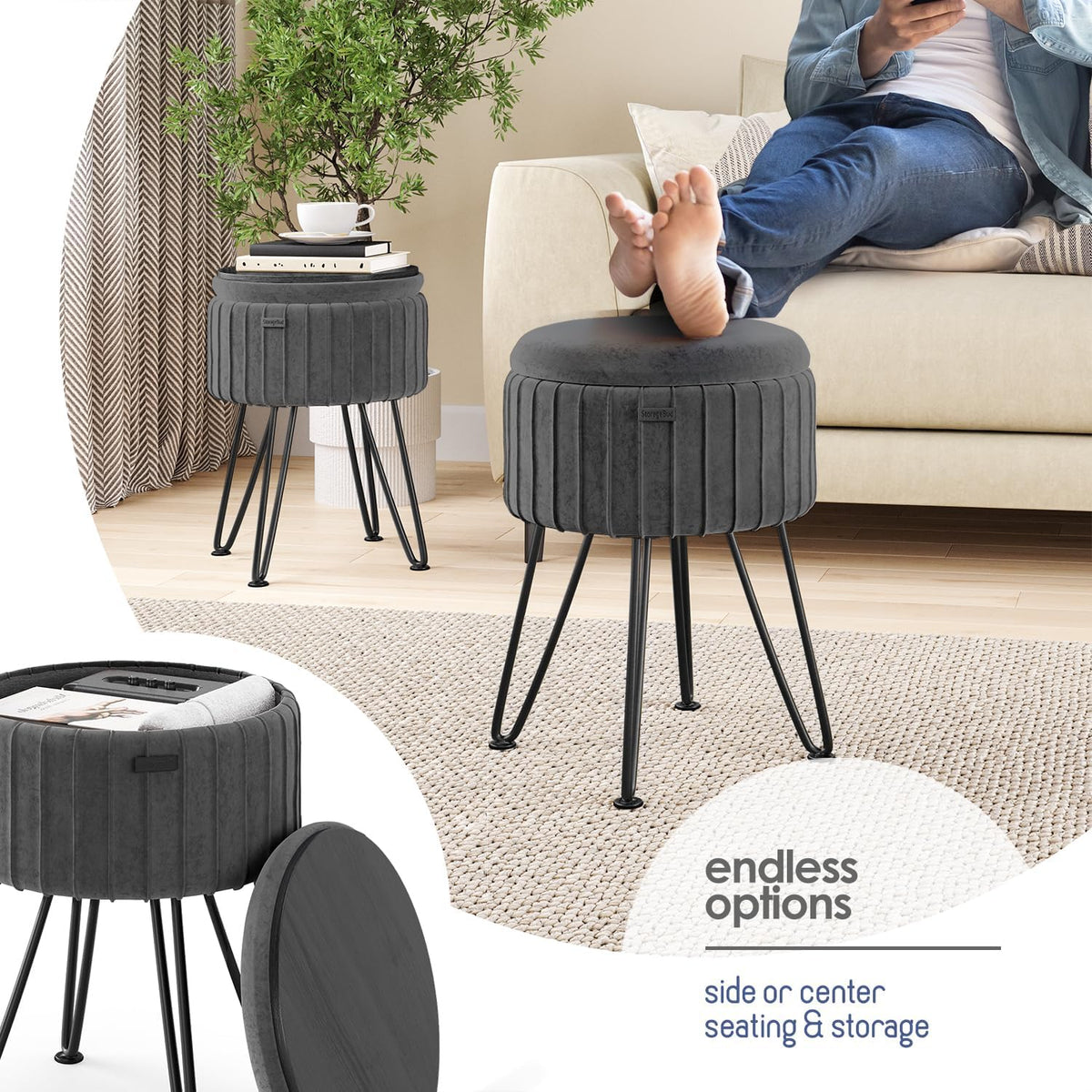 Round Ottoman with Storage, Pleated Velvet Storage Ottoman, Foot Stool Ottomans, Makeup Vanity Stool, Small Ottomans Foot Rest, Modern Vanity Stools for Living Room and Bedroom, Grey