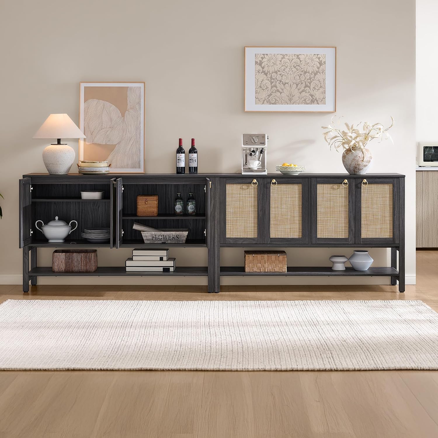 SICOTAS 55" Obsidian Sideboard Buffet Cabinet with Rattan Doors, Modern Industrial Coffee Bar Cabinet with Open Shelf, Black Wood Credenza & Console Table for Entryway, Kitchen, Dining Room