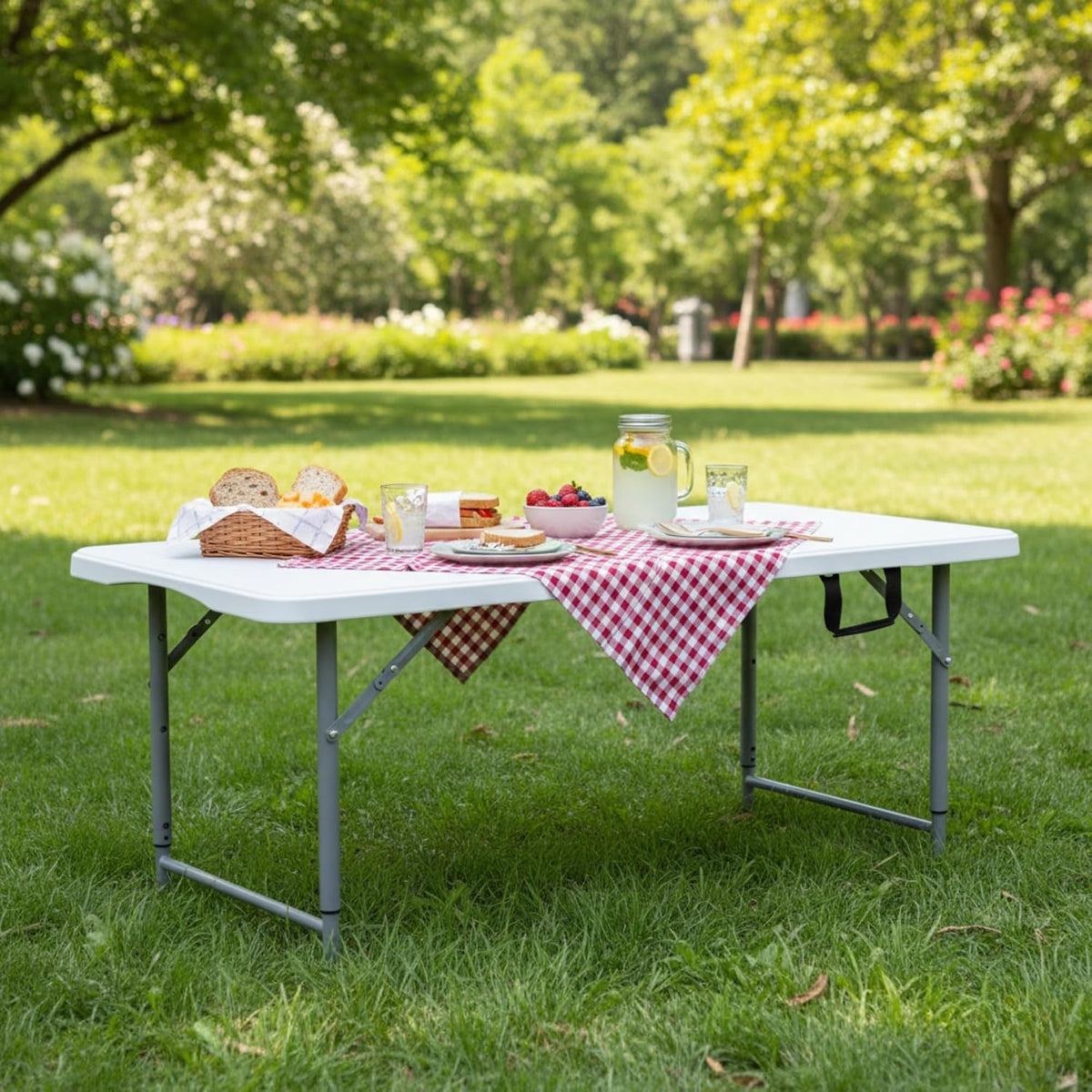FurnitureR Adjustable Folding Table 4FT, Plastic Utility Table with 3 Height Settings, Fold-in-Half with Handle, Foldable and Portable for Indoor Outdoor Picnic Camping Party, White