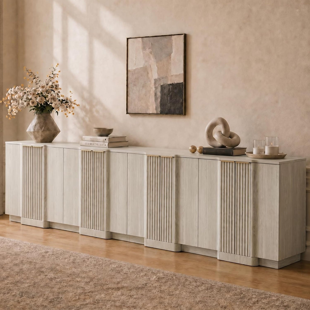 Brafab Buffet Cabinet, 110" Modern Farmhouse Accent Sideboard Cabinet with 8 Doors, Wood Fluted Credenza for Living Room and Kitchen, White