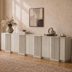 Brafab Buffet Cabinet, 110" Modern Farmhouse Accent Sideboard Cabinet with 8 Doors, Wood Fluted Credenza for Living Room and Kitchen, White