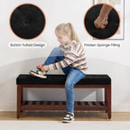 HUBSON 44" Entryway Shoe Bench, Upholstered End of Bed Bench with Solid Wood Shelf, Button Tufted Shoe Bench for Bedroom, Hallway, Living Room, Dark Grey