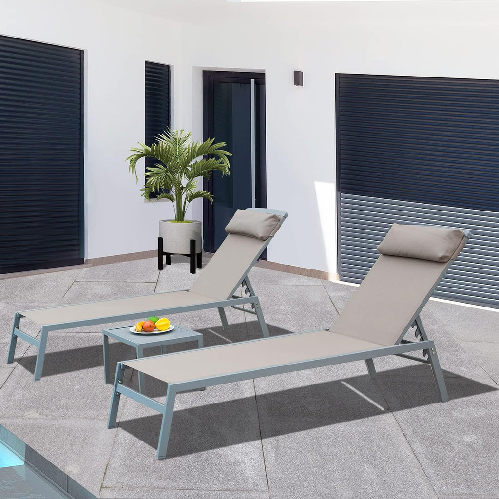 Domi Patio Chaise Lounge Set of 3, Aluminum Lounge Chairs with 5 Adjustable Positions, Outdoor Chaise Lounge for Pool, Deck, Garden, Backyard, Sunbathing, Khaki
