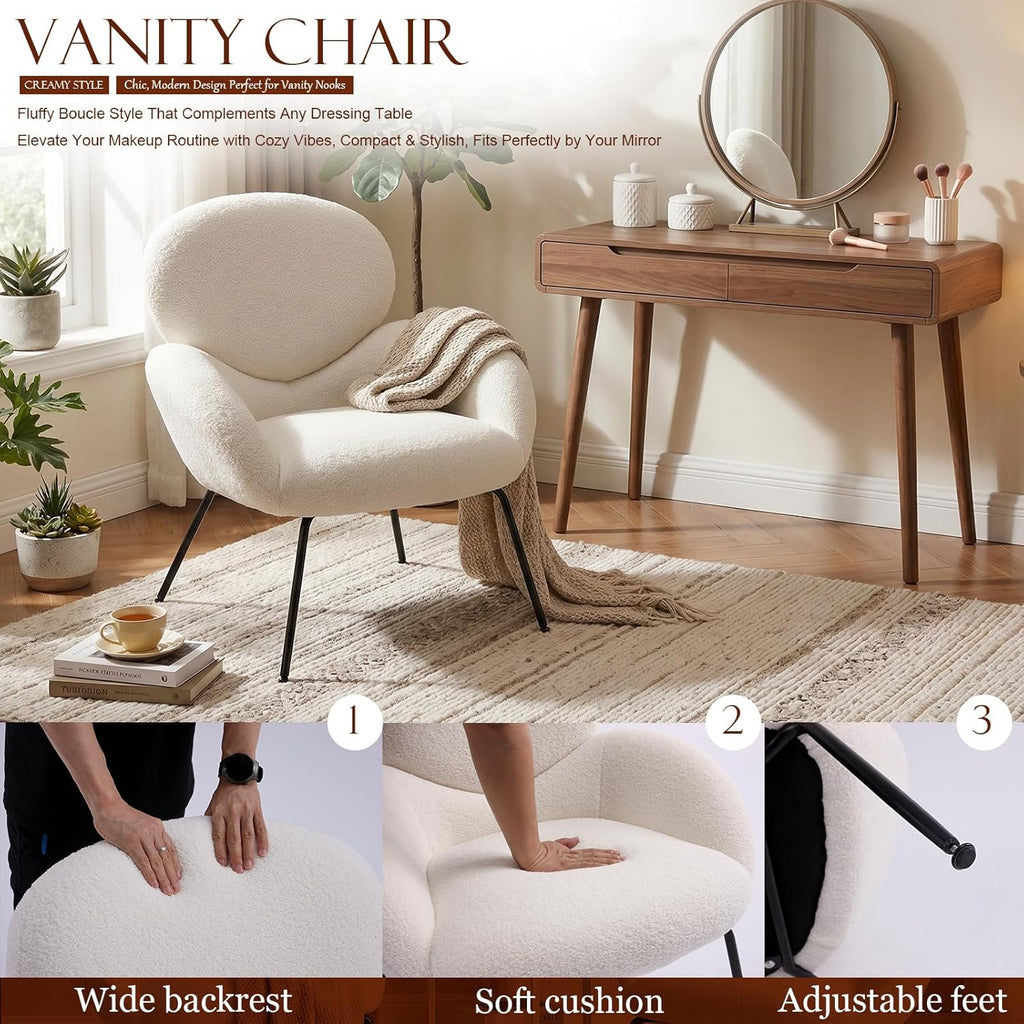 Accent Chair, Accent Chair for Bedroom, Boucle Chair (Cream Whtie) | Comfy Bedroom Chair with Love Back and Sturdy And Durable Solid-Wood Frame/ Study Room / Bedroom / Living Room /(Cream Style)