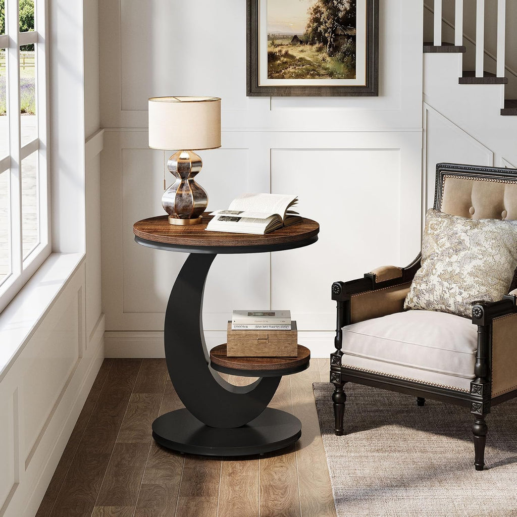 Tribesigns Round End Table, 2 Tiers Side Table with Storage Shelf, Sofa Side Bedside Nightstand with Wood Metal Arc-Shaped Frame for Small Spaces, Living Room, Bedroom, Easy to Assemble, Brown (1PCS)