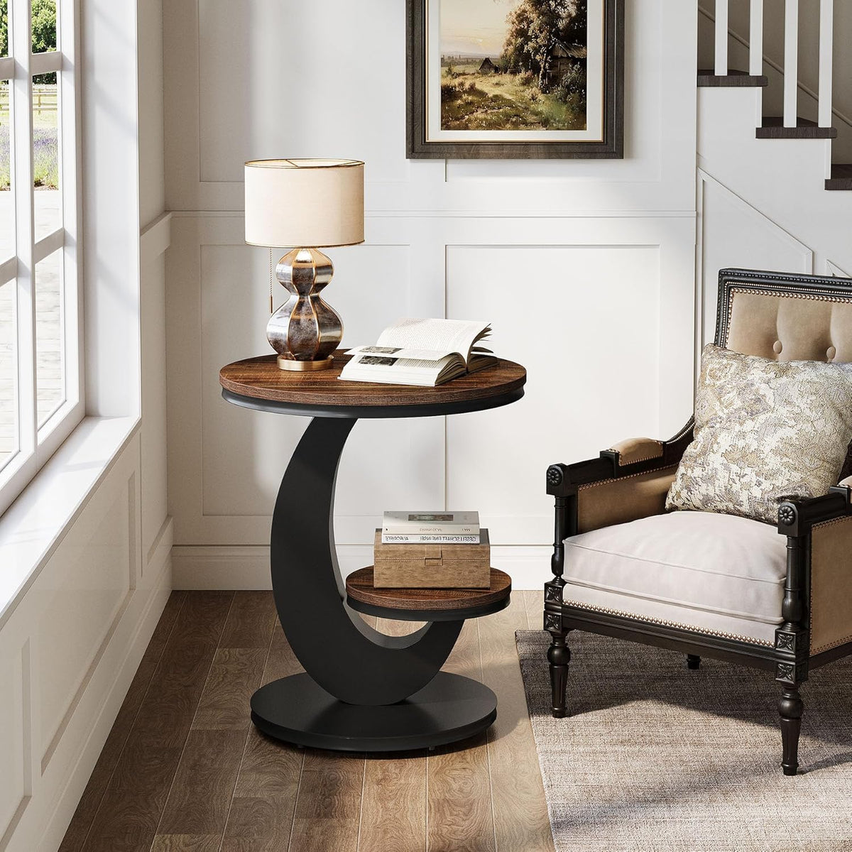 Tribesigns Round End Table, 2 Tiers Side Table with Storage Shelf, Sofa Side Bedside Nightstand with Wood Metal Arc-Shaped Frame for Small Spaces, Living Room, Bedroom, Easy to Assemble, Brown (1PCS)