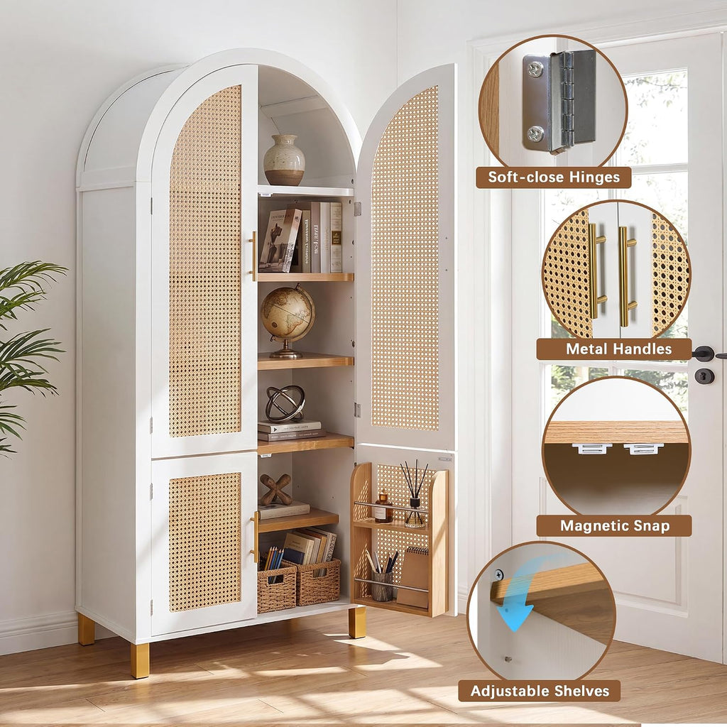 KEIKI 71" Tall Storage Cabinet with Arched Rattan Doors, Freestanding Floor Cabinet with Adjustable Shelves and Built-in Racks, Modern Farmhouse Organizer for Living Room, Kitchen, Study, White