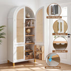 KEIKI 71" Tall Storage Cabinet with Arched Rattan Doors, Freestanding Floor Cabinet with Adjustable Shelves and Built-in Racks, Modern Farmhouse Organizer for Living Room, Kitchen, Study, White