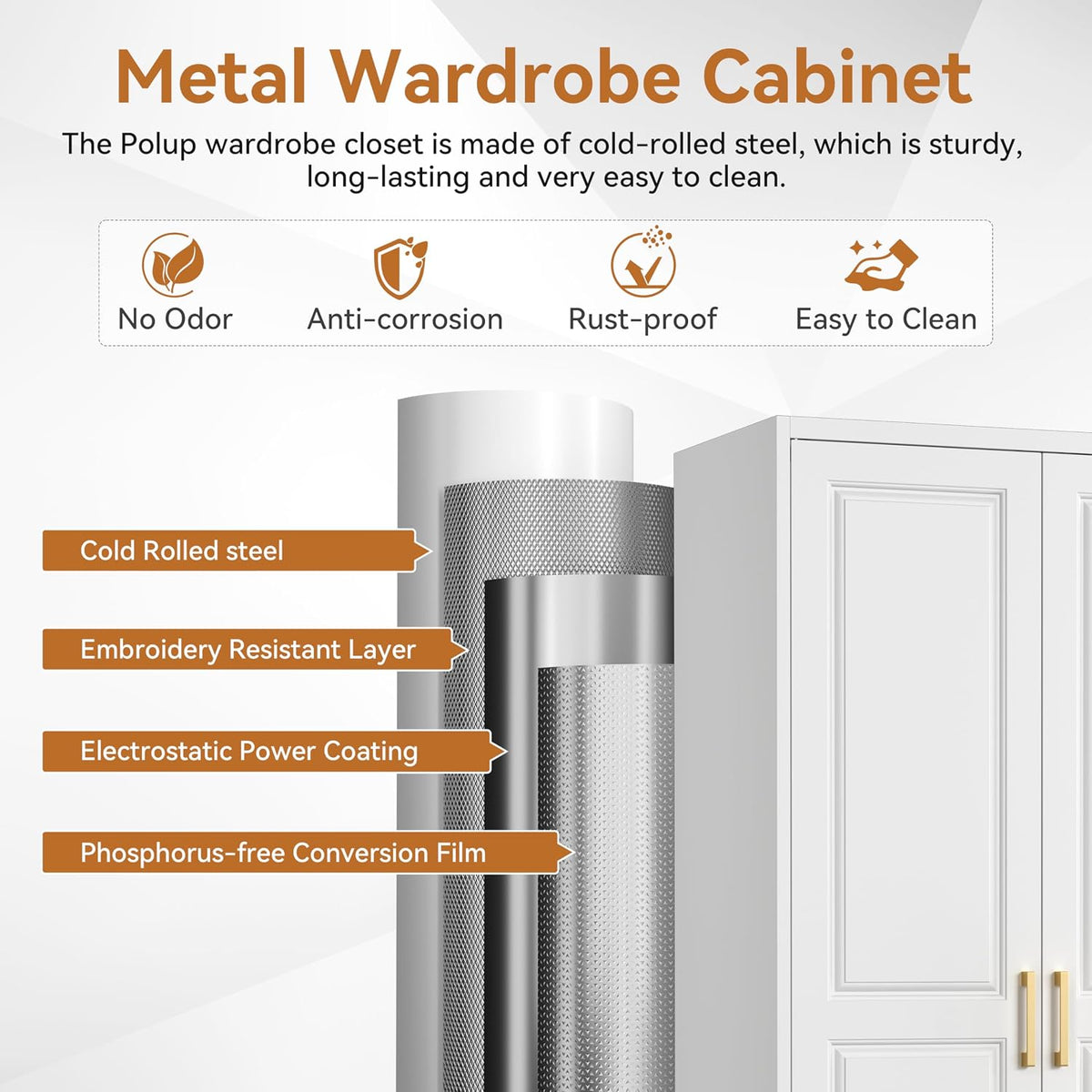 Polup Metal Armoire Wardrobe Closet, 71" Tall Wardrobe Cabinet with 2 Doors | Heavy Duty Steel Clothing Storage Cabinet with Hanging Rod & 3 Adjustable Shelves for Bedroom, Office, Broom Closet, White