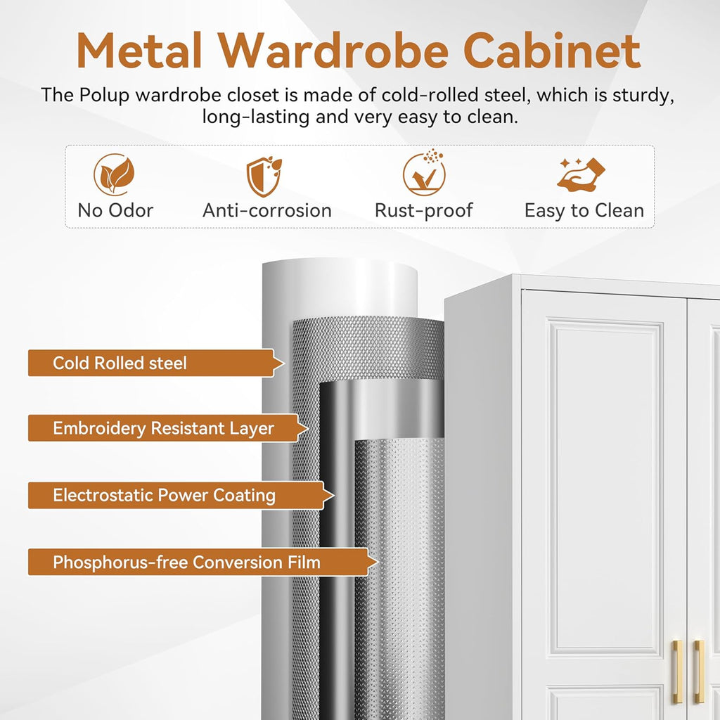 Polup 71" Metal Armoire Wardrobe Closet with Doors and Adjustable Shelves | Tall Freestanding Wardrobe Cabinet for Clothes, Heavy Duty, Hanging Rod, Bedroom, Office, School, Employee, Garage, White